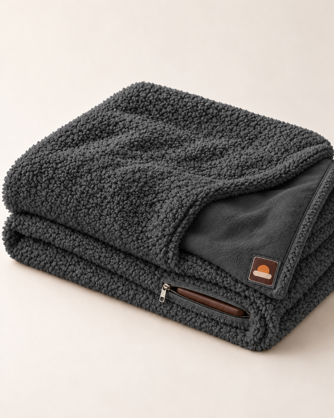 WARMDEK draadloze warmtedeken in antraciet, opgevouwen met het ritszakje voor de powerbank