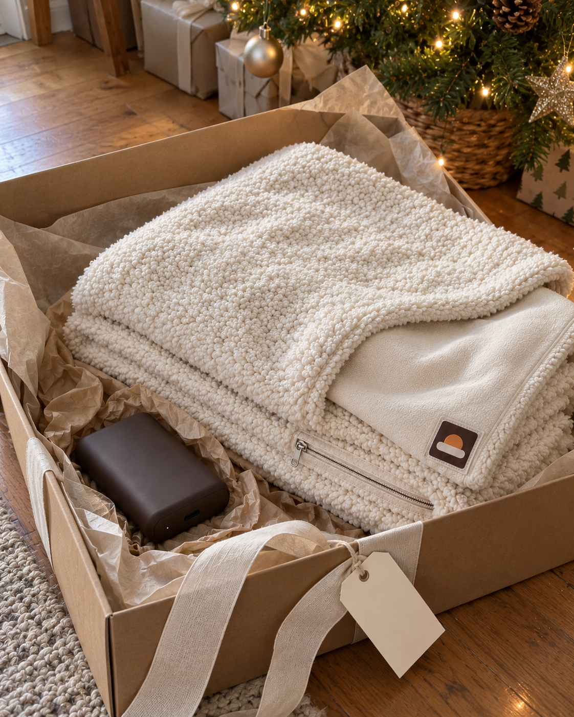 WARMDEK warmtedeken met powerbank als cadeau ingepakt bij de kerstboom