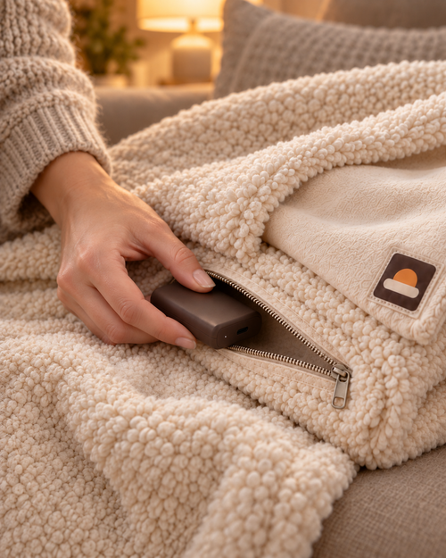 Hand stopt de powerbank in het ritszakje van de WARMDEK warmtedeken