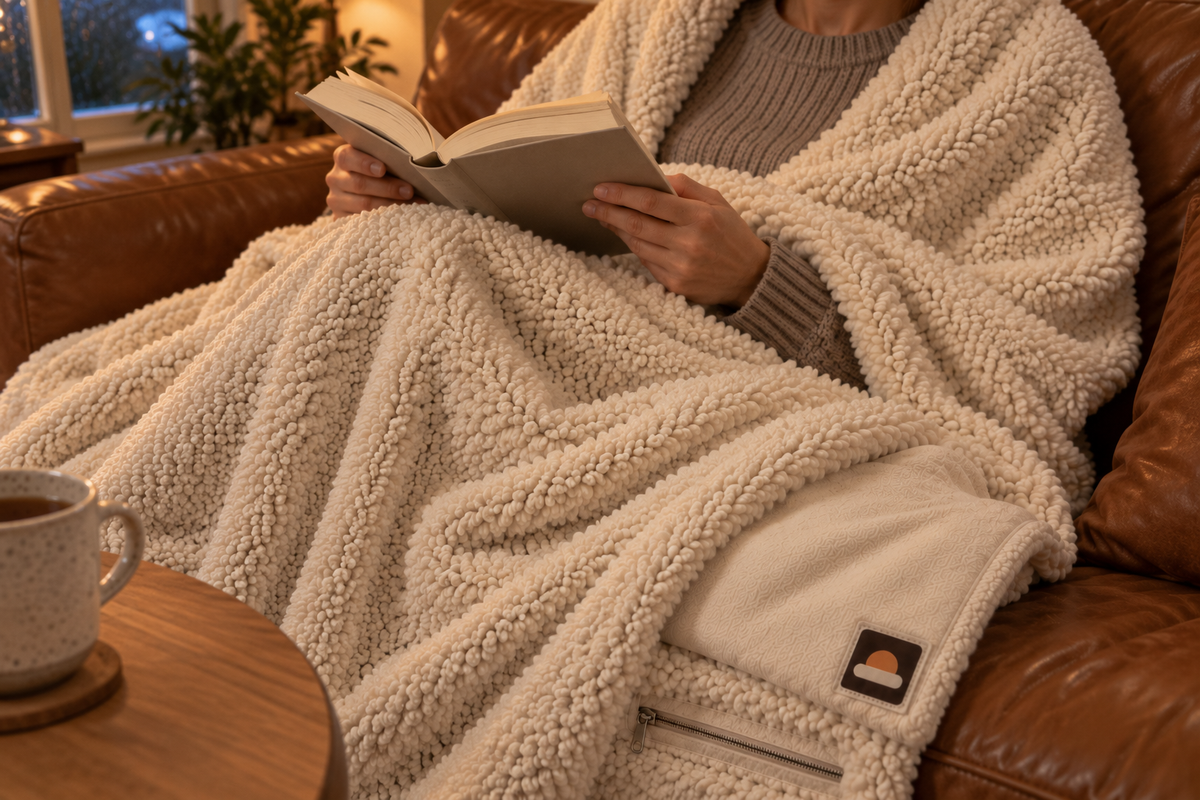 Vrouw leest op de bank onder een crème WARMDEK warmtedeken, zonder snoer