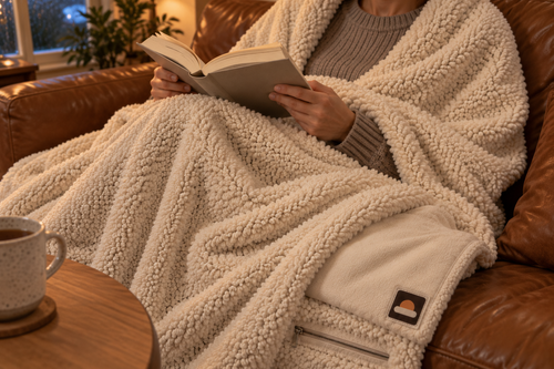 Vrouw leest op de bank onder een crème WARMDEK warmtedeken, zonder snoer