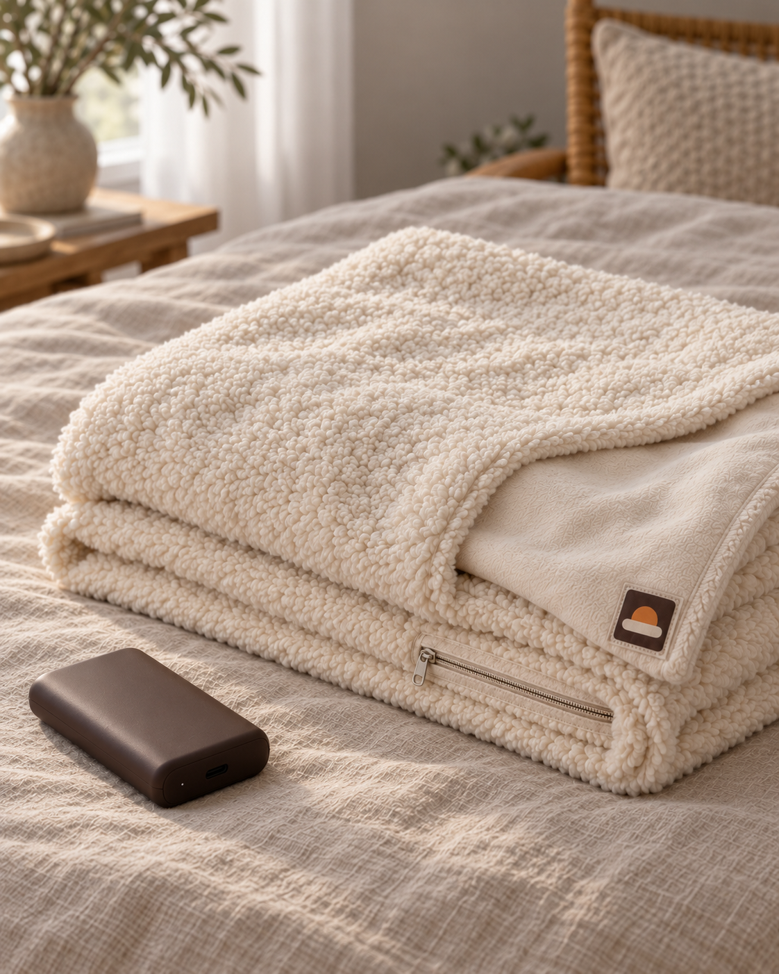 Opgevouwen WARMDEK warmtedeken op bed met de bijgeleverde powerbank