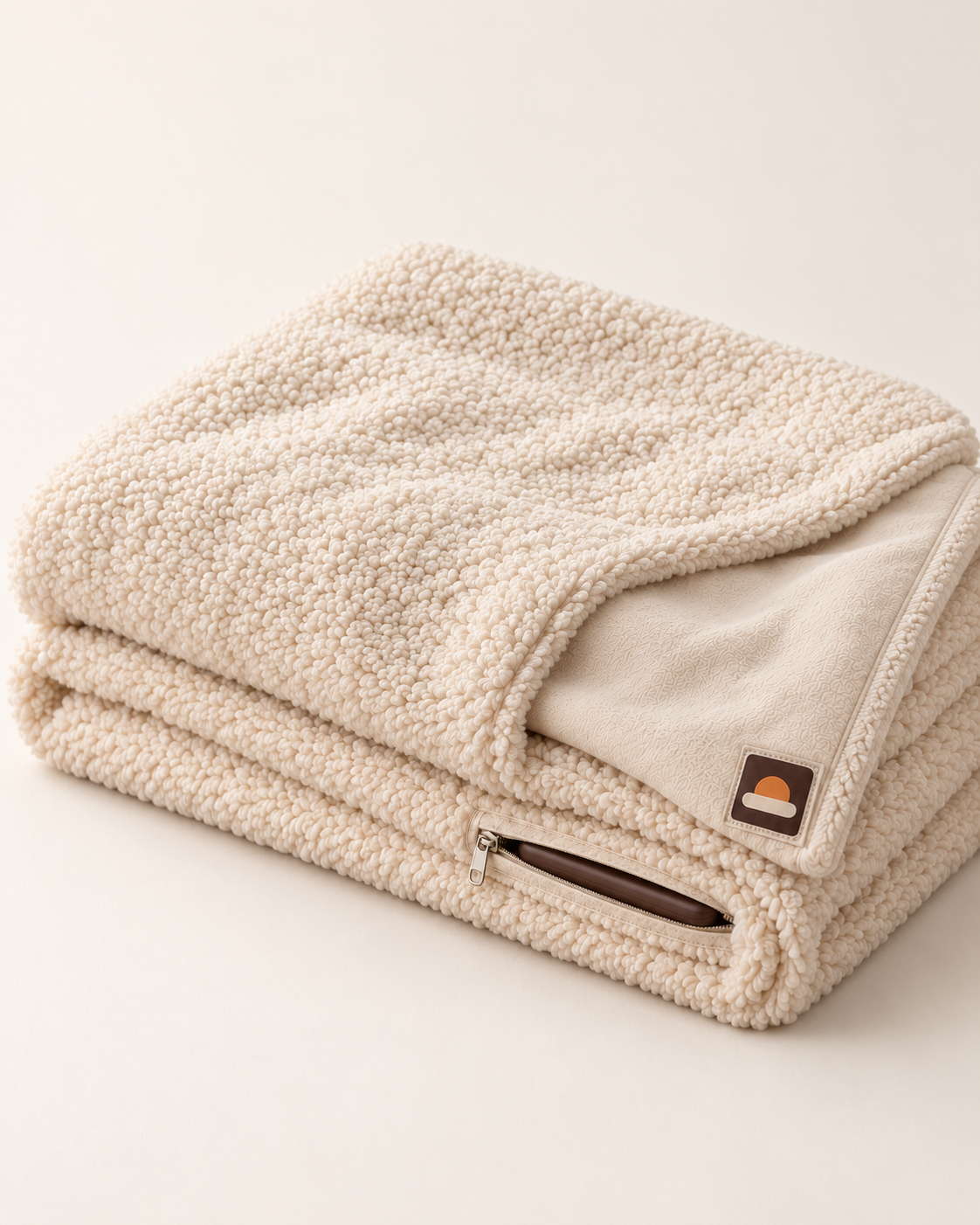 WARMDEK draadloze warmtedeken in crème, opgevouwen, met powerbank in het zakje