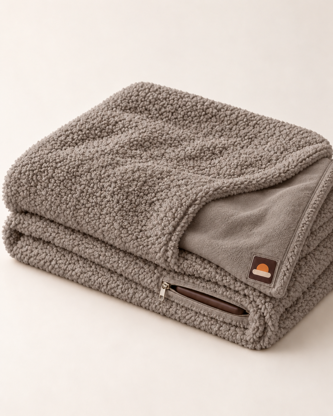 WARMDEK draadloze warmtedeken in taupe, opgevouwen met het ritszakje voor de powerbank