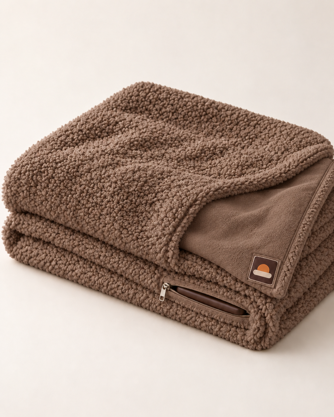 WARMDEK draadloze warmtedeken in mokka, opgevouwen met het ritszakje voor de powerbank